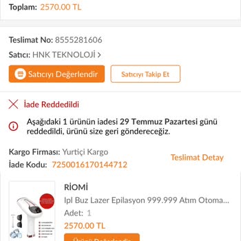 Riomi Hnk Teknoloji Lazer Epilasyon Aleti İade İşlemi