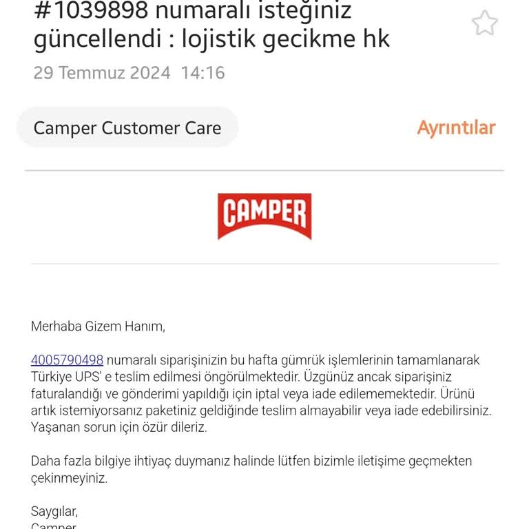 Camper Ürünün Gönderilmemesi Hakkında