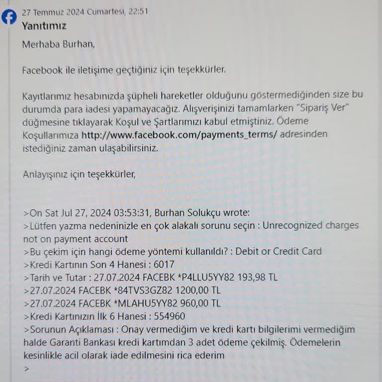 Facebook Garanti Bankası Kredi Kartımdan İzinsiz Harcama Yaptı...