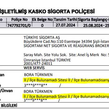 Sigortam.net Sigorta Şirketinin Poliçedeki Adresimi Sürekli Yanlış Yazıyor Olması.