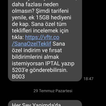 Vodafone İzinsiz Reklam Göndermektedir.