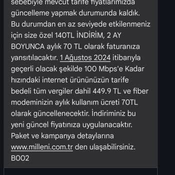 Millenicom Zam Yapıyor Taahhütsüz Aboneliğe Cayma Bedeli İstiyor