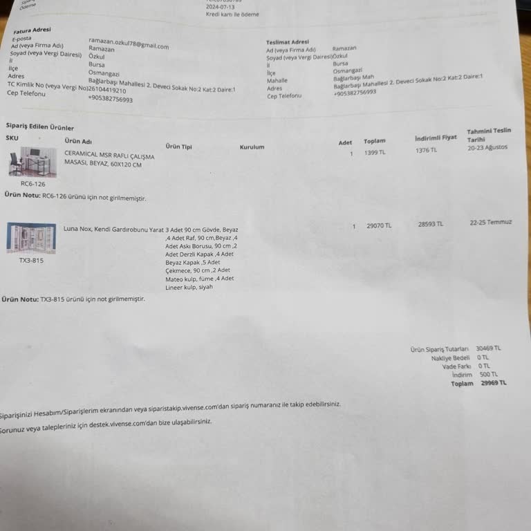 Vivense Teslim Edilmeyen Ürün,