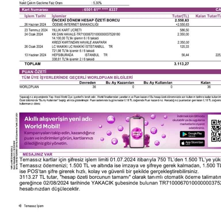 Yapı Kredi Bankası Kredi Kartı Yıllık Aidatı