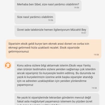 Trendyol GO Köfteci Yusuf Eksik Sipariş Gönderimi