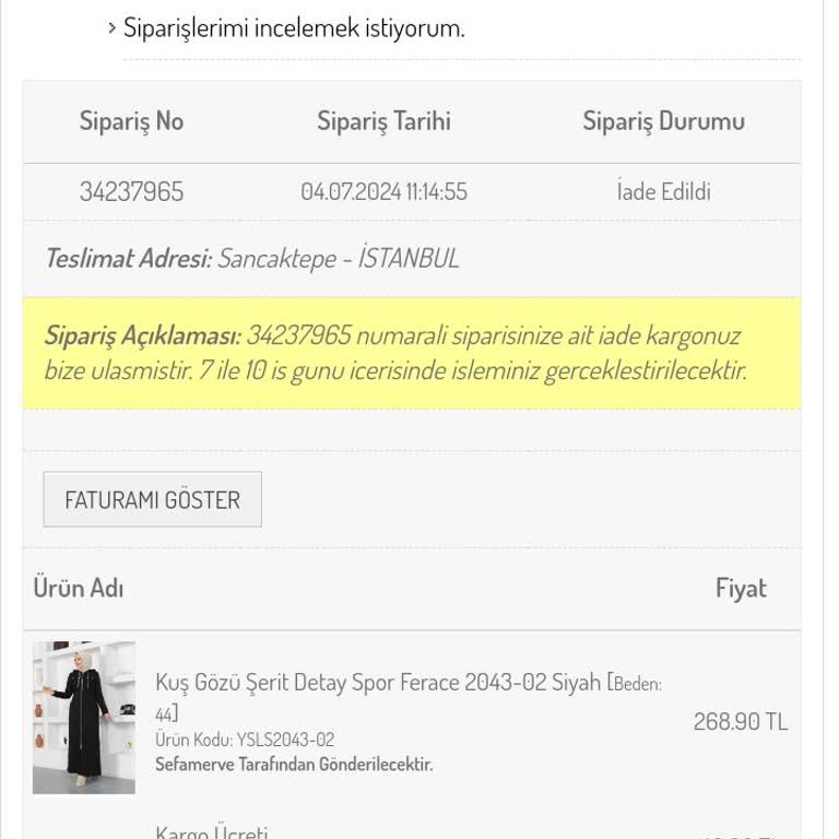 Sefamerve Ferace Ürünün İadesi
