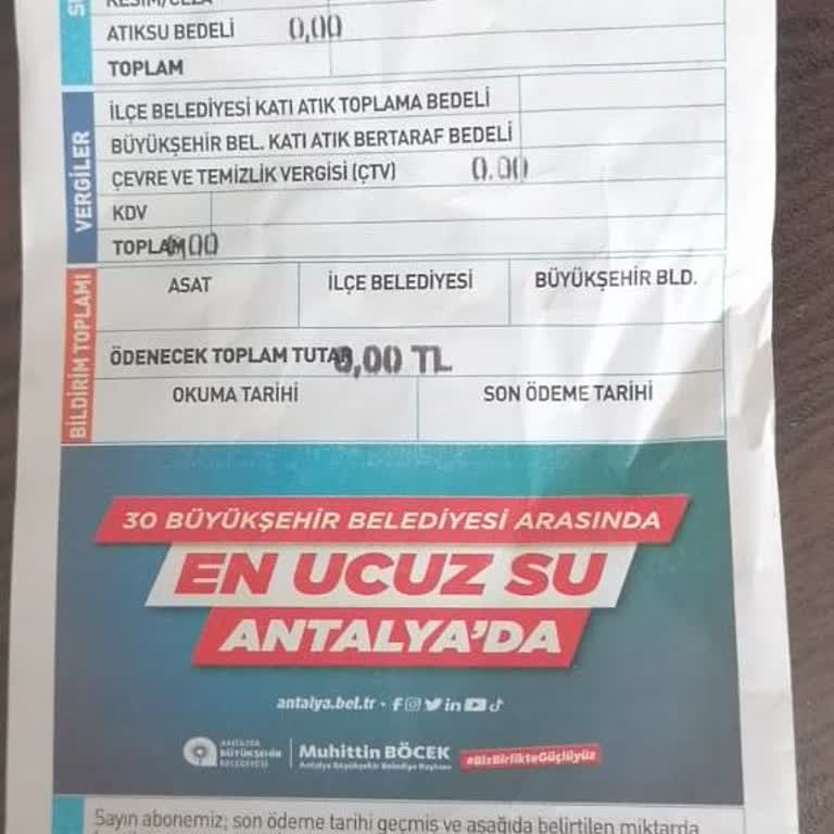 ASAT (Antalya Su İşleri) Kullanılmasına Göre Sıfır Gelen Fatura