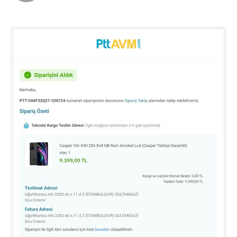 PTT Kargo Bestellung PTT-C66F32Q27 Lieferung fehlt, Paket im Transferprozess stecken geblieben