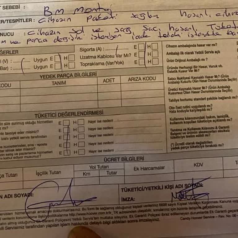 Koçtaş Servis Tutanaklı Hasarlı Makine Ücret İadesi