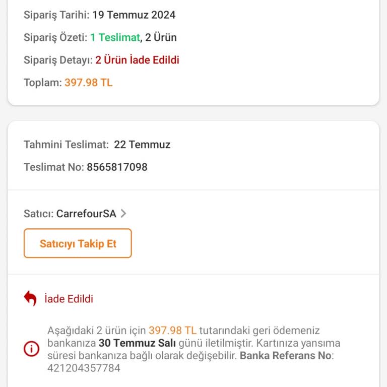 Carrefour SA Verdiğim Siparişin Satıcı Tarafından İptal Edilmesi