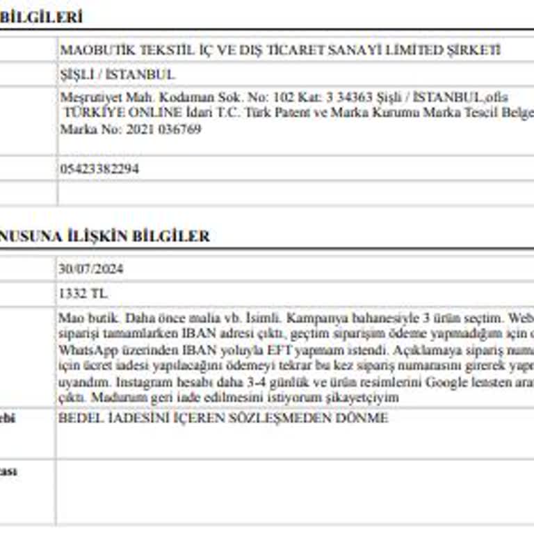 Maobutik Mao Butik'ten Şüpheli İşlemler Ve İlgisizlik