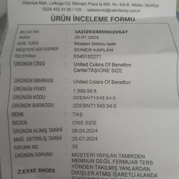 Çetin Family Defolu Çanta İade Edilmesi