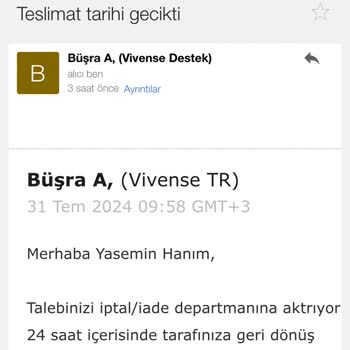 Vivense Teslimat Süresi Geçmiş Koltuğu Göndermiyor