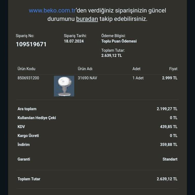 Beko Vantilatör Siparişim Gelmedi
