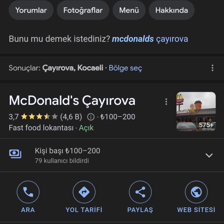 McDonald's Çayırova Şubesi İnternette 24 Saat Açık Yazıyor.