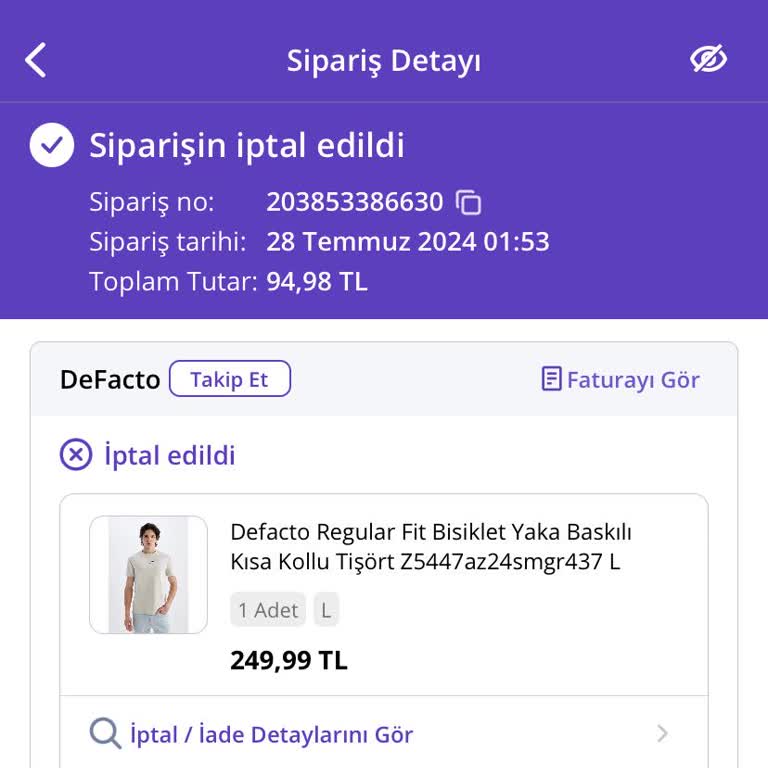 DeFacto Stokta Olduğu Halde Sipariş İptali