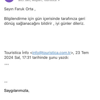 Touristica İademi Vermiyor. Telefonlara Dönüş Sağlamıyor.