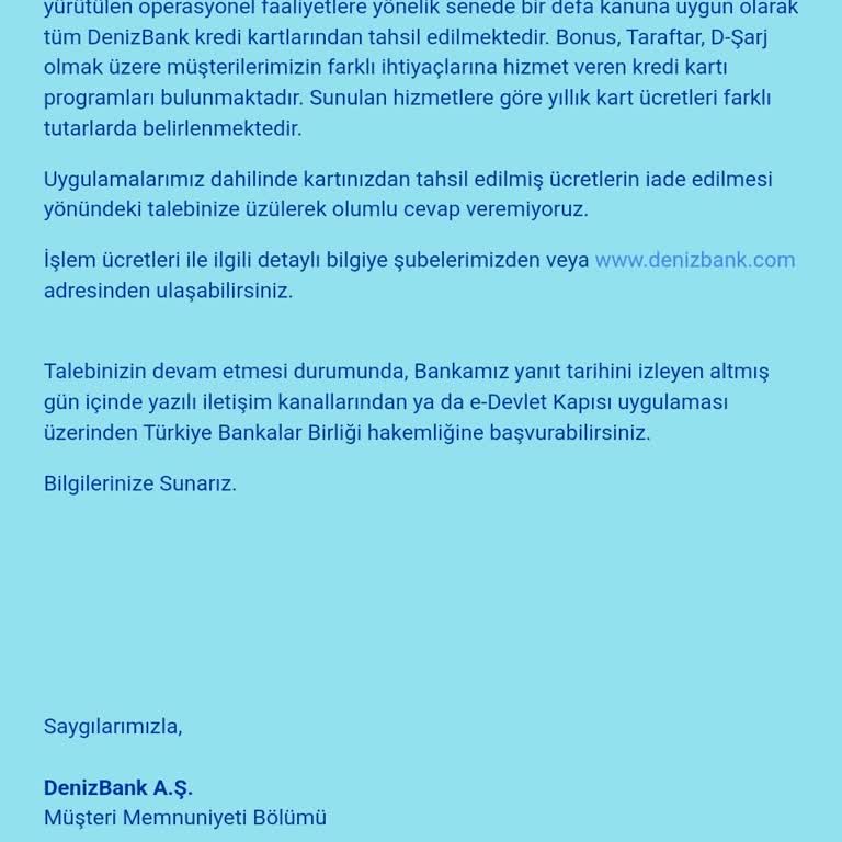 Denizbank Yıllık Kredi Kartı Aidatı