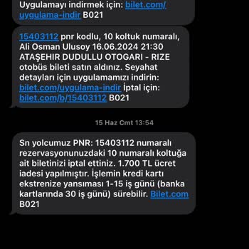 Bilet.com Ücret İade Talebi