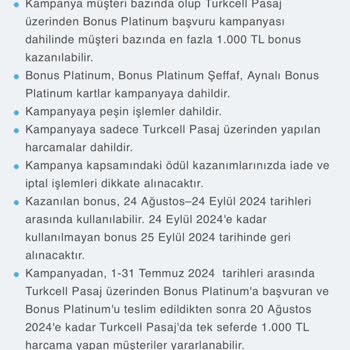 Turkcell Pasaj Bonus Platinum 1000 TL Harcamaya 1000 TL Bonus Kampanyası Sorunu