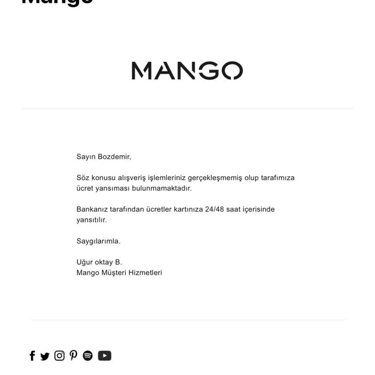Mango Ödeme İade Etmiyor
