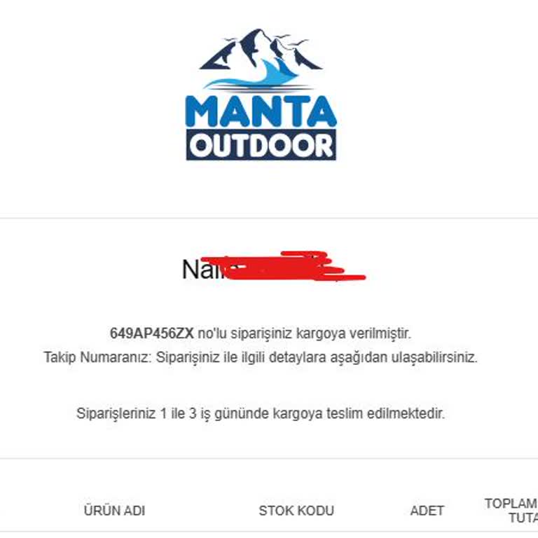 Manta Outdoor Takip Numarası Eksik