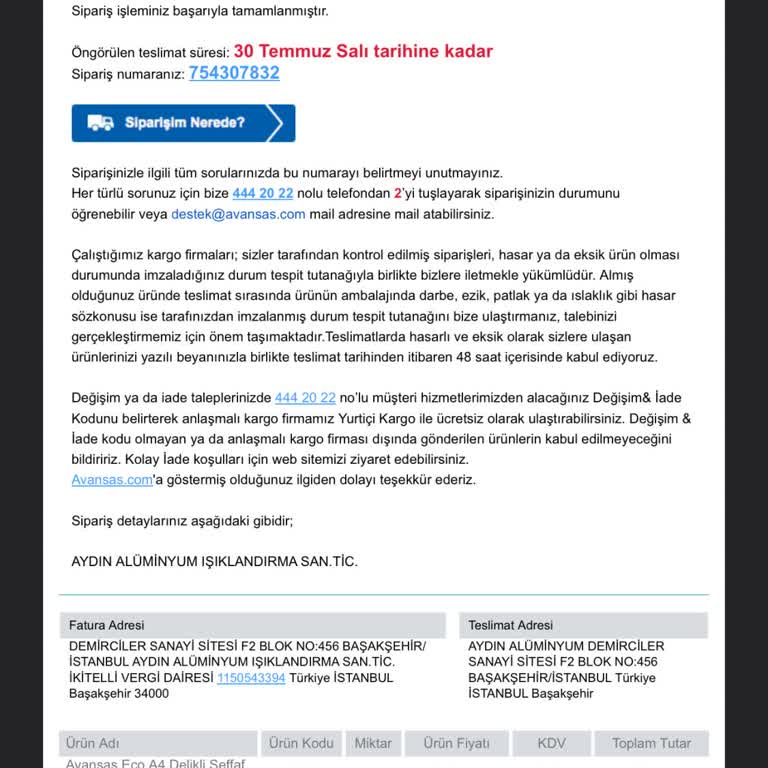 Avansaspro.com Yanlış Sipariş Ve Yanıltıcı Müşteri Hizmetleri