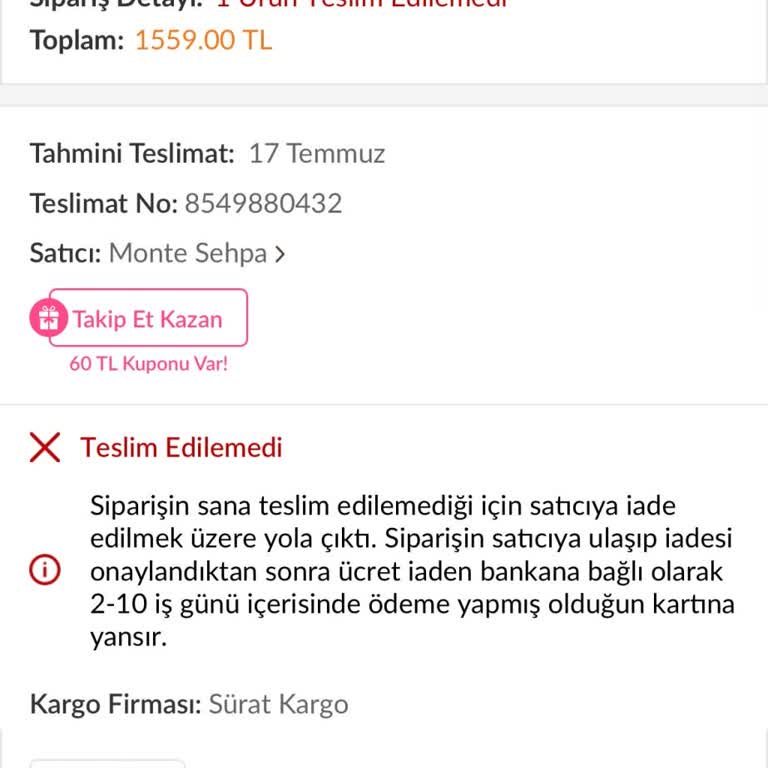 Sürat Kargo Ürünümü İadeye Göndermiş