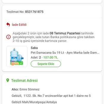 Trendyol GO Üzerinden Su Siparişi Sorunu