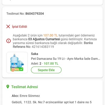 Trendyol GO Üzerinden Su Siparişi Sorunu