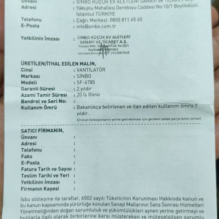 Sinbo Markasından Şikayetçiyim Vantilatörüm Bozuldu Kimseye Ulaşamıyor