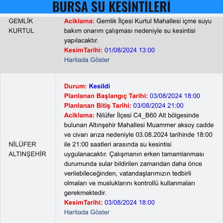 Bursa Büyükşehir Belediyesi Bursa Altınşehir'de Bitmek Bilmeyen Su Kesintileri