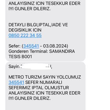 Metro Turizm Otobüs Sefer İptal Mesajı Gönderip Paramı İade Etmedi