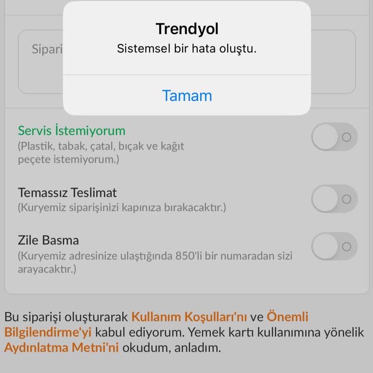 Trendyol Yemek Siparişim Sistemsel Bir Hata Oluştu Mesajı Veriyor