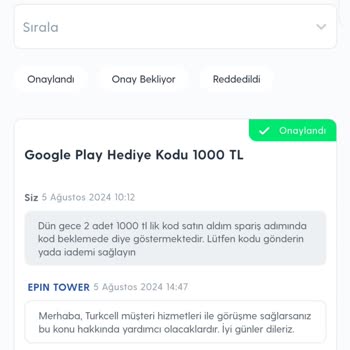 Epin Tower Siparişim Teslim Edilmedi