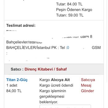 NadirKitap Direnç Kitabevi Kitabımı Kargolamıyor