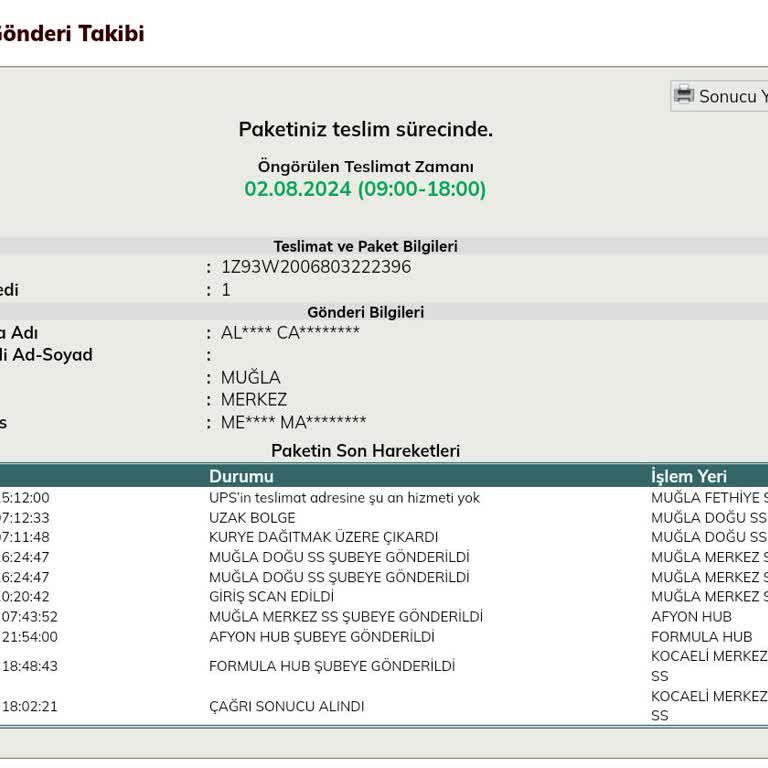 UPS Türkiye Teslimat Bölgesine Hizmet Olmadığı İçin Siparişim Teslim Edilmedi
