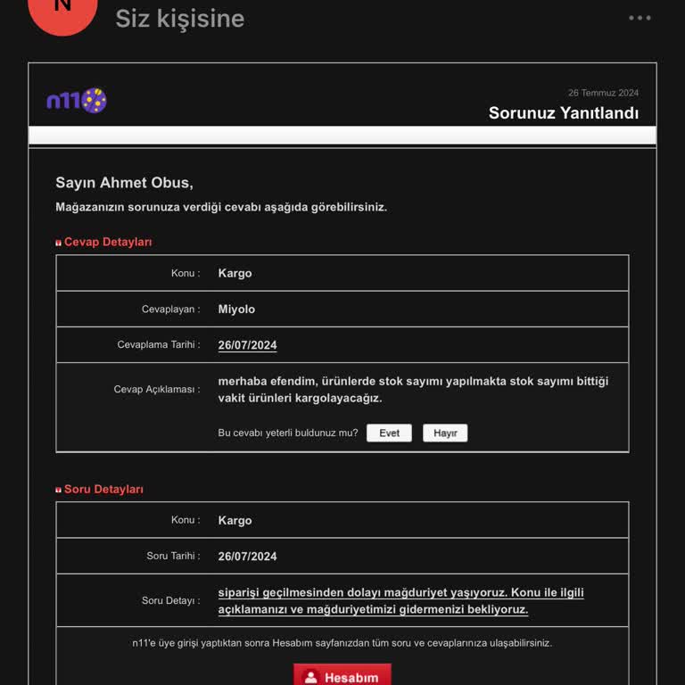 N11 Geç Teslimat Ve Söz Verilen Puan Yüklemesinin Gerçekleştirilmemesi