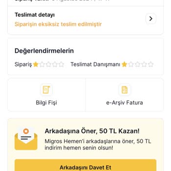 Bahçeşehir Armina Migros Hemen Sipariş Teslim Edilememesi