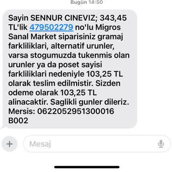 Migros Sanal Marketin Stokta Olan Ürünü Stok Yok Diye Teslim Etmemesi
