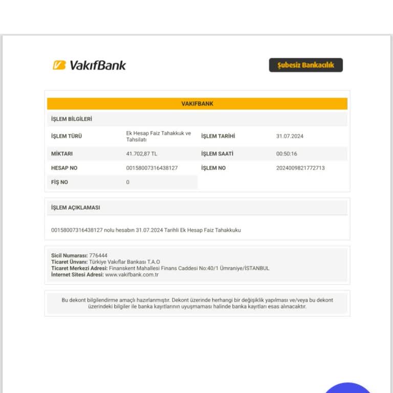 VakıfBank Ek Hesap Faiz Oranı 8 Mi