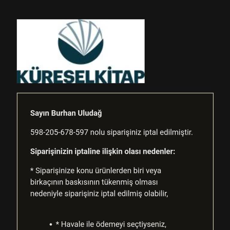 Küresel Kitap Sipariş İptali Ve Ücret İadesi Yapılmaması