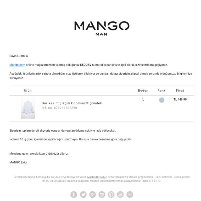 Mango Para İade Edilmedi