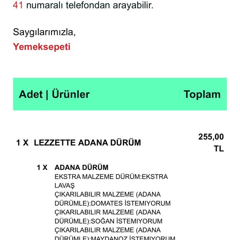 Yemeksepeti Dürümle Küçükyalı Hilltown Şubesi Ücret İadesi Yapmıyor