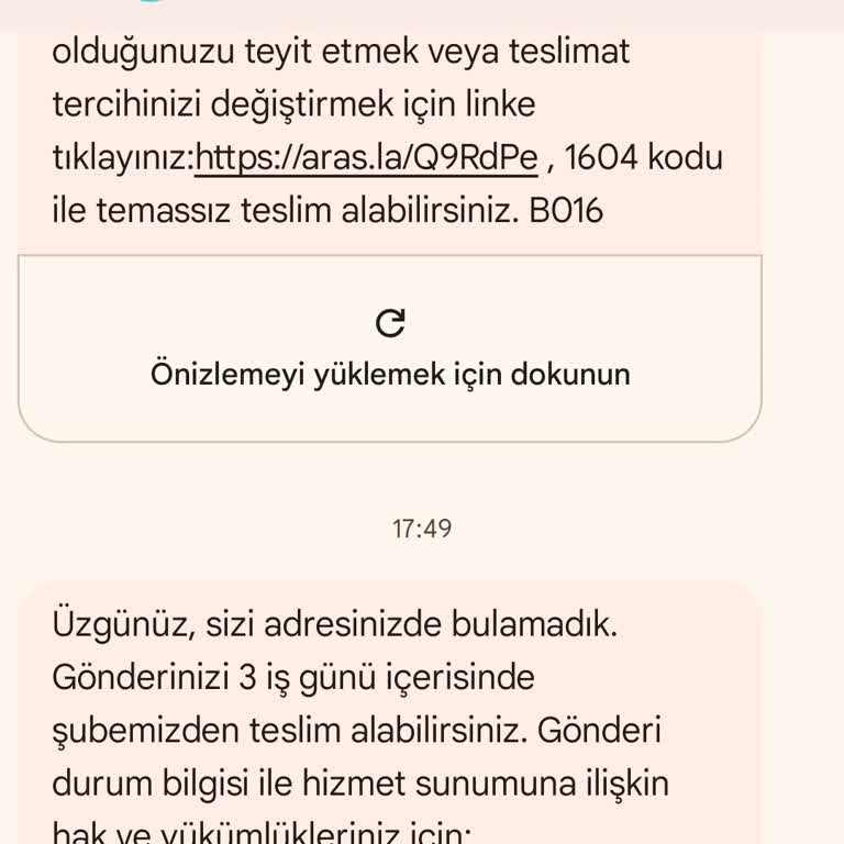 Aras Kargo Kargom Ulaşmadı Şubeden Teslim Alın Mesajı