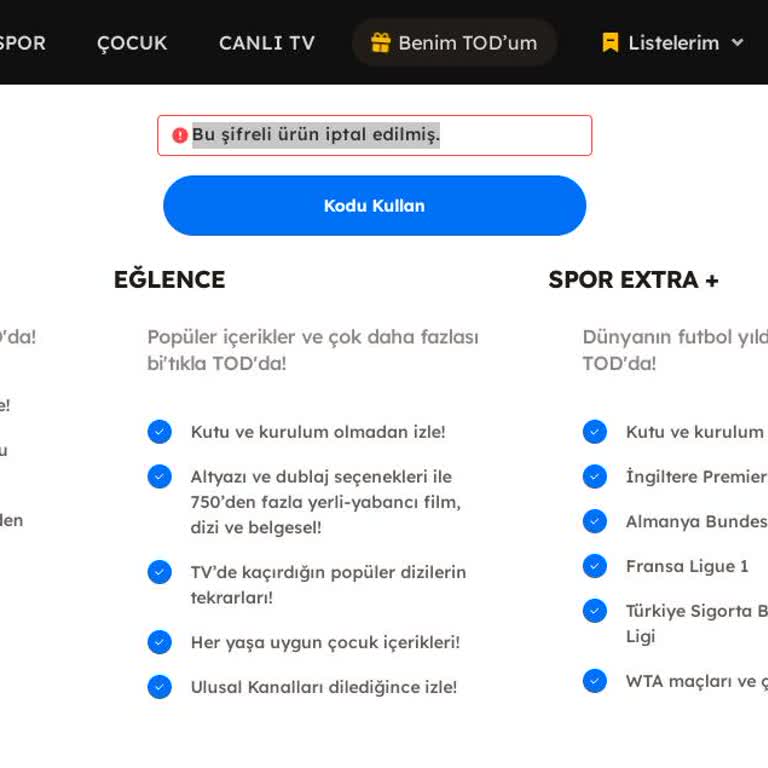 Tod TV'de Kod Kullanamıyorum