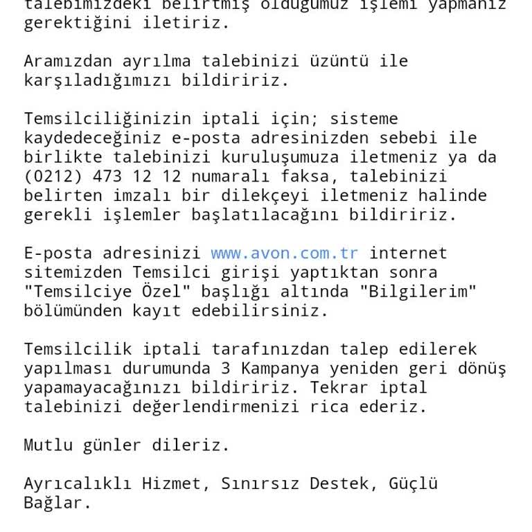 Avon Temsilcilik İptalim Yapılmıyor.