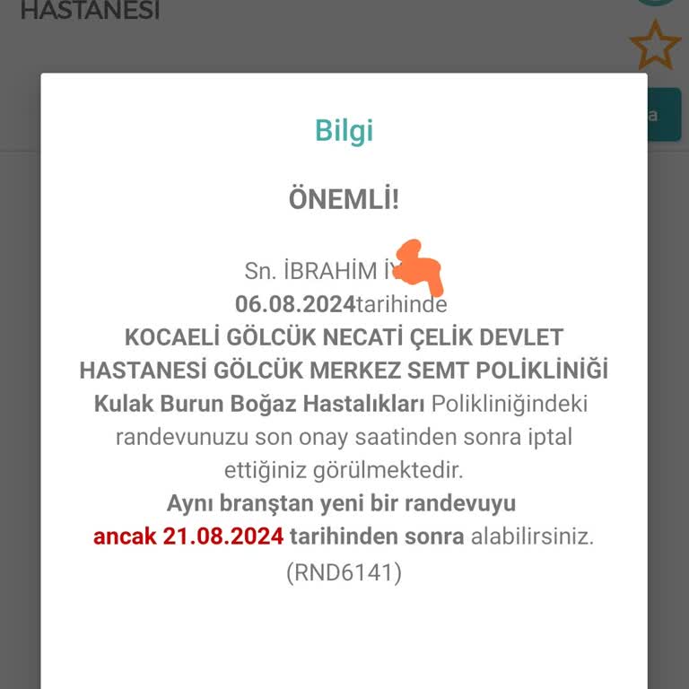 MHRS - 182 Randevu İptali Sonrası Uzun Bekleme Süresi