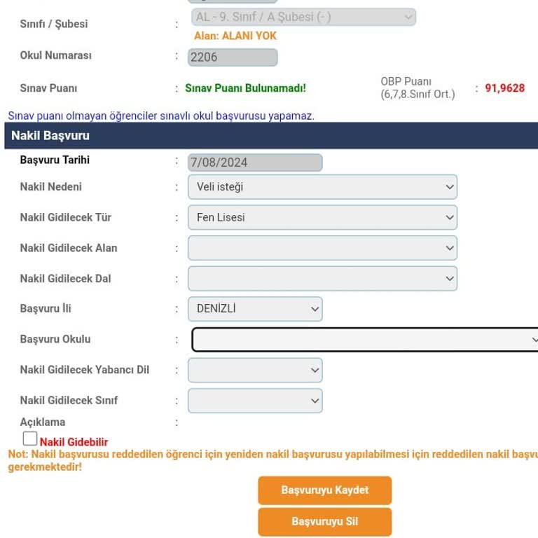 Milli Eğitim Bakanlığı (MEB) Nakil Başvurusunda LGS Puanı Görünmüyor