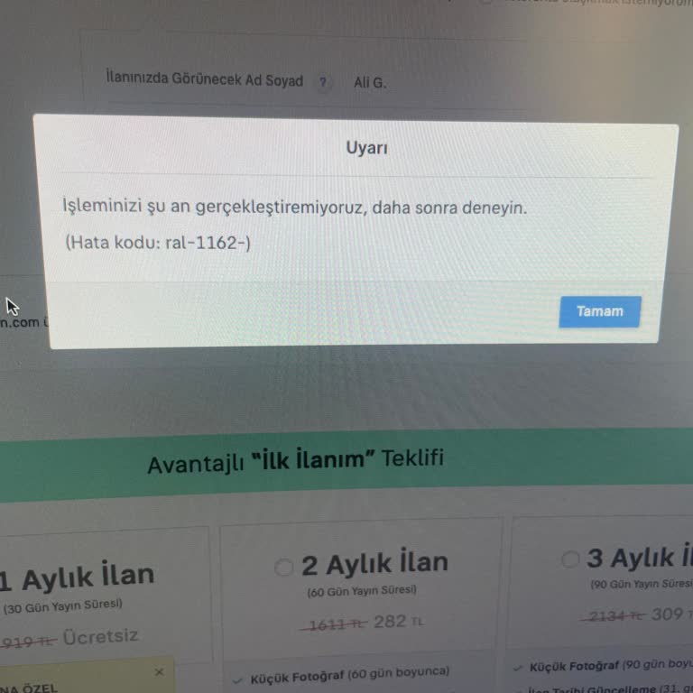 Sahibinden İşlem Gerçekleştirilemedi Hatası